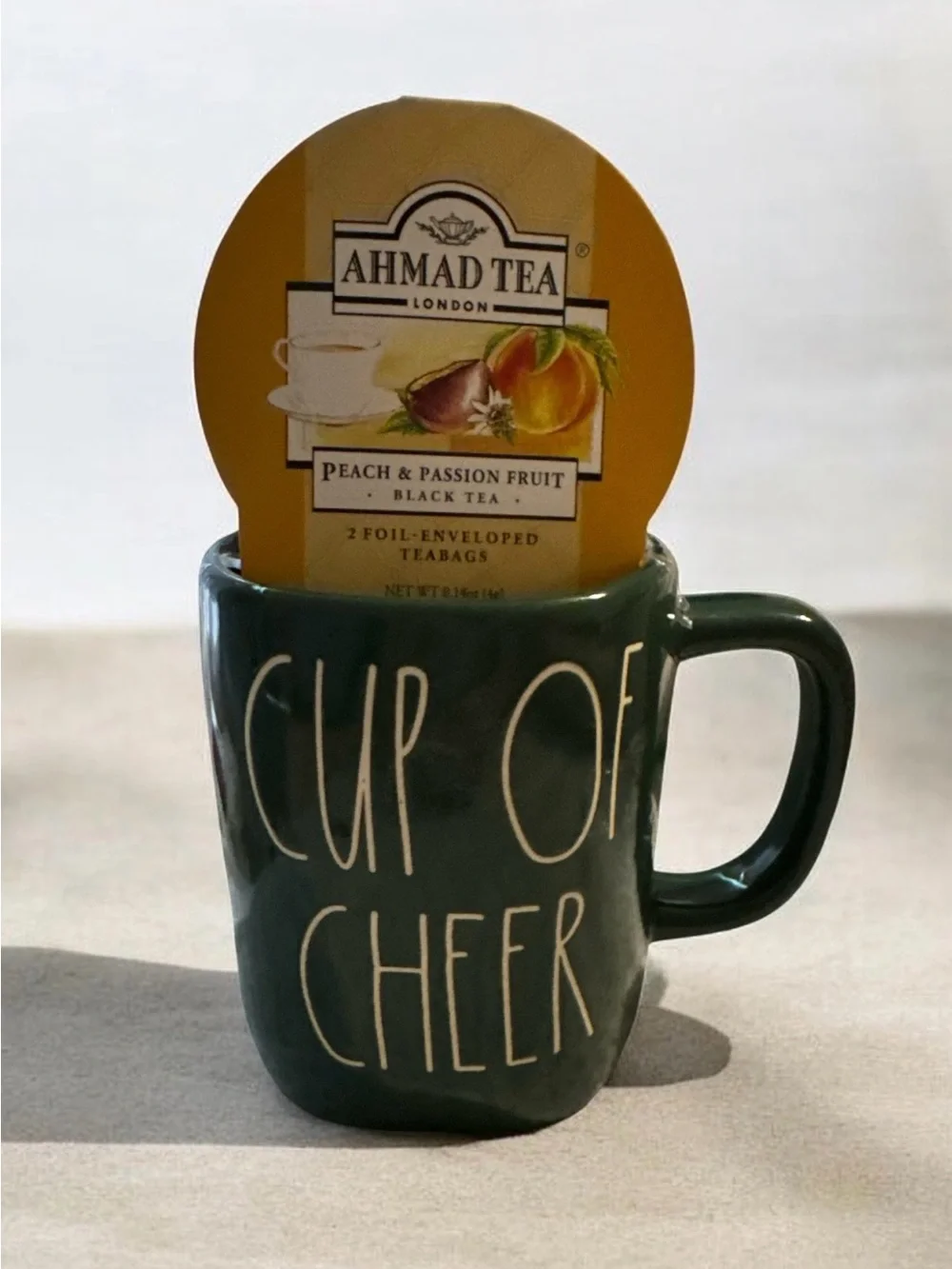 Rae Dunn Dark Green 'Cup of Cheer' Ceramic Mug with Tea Packet